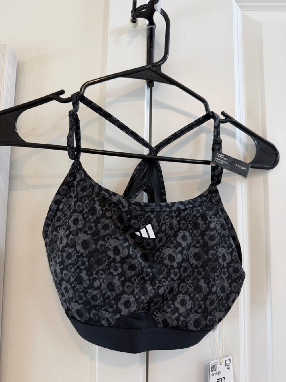 NWT adidas Black and Dark Gray Floral Sports Bra with Crisscross Straps